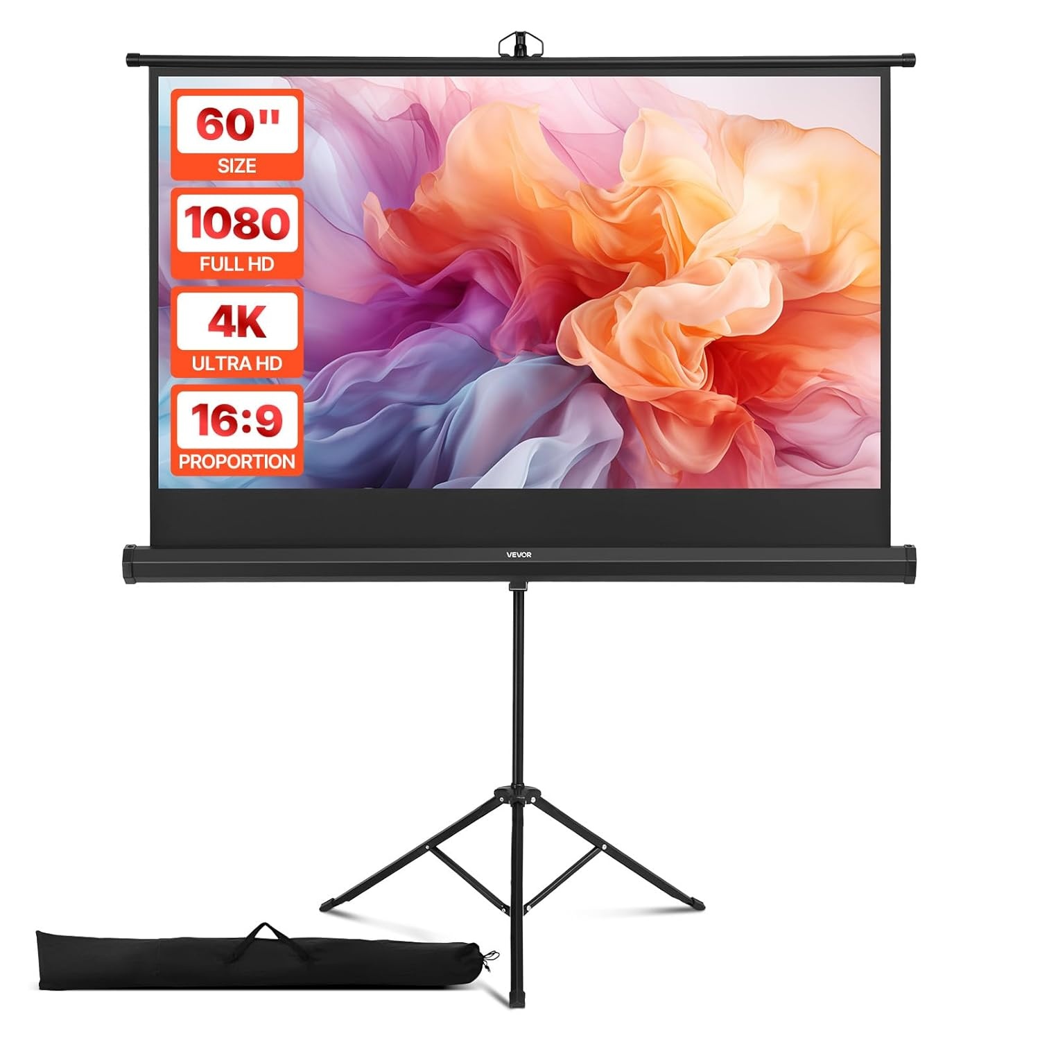 VEVOR Projectiescherm met standaard, 60 inch 160 ° groothoek binnen en buiten, projectiescherm, 16:9 4K HD kreukloze draagbare statiefschermen met draagtas, voor bioscoop, thuisbioscoop, kantoor