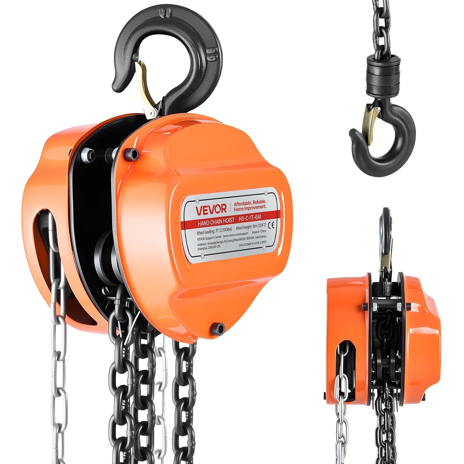 VEVOR Manual Drawstring, Capacity 1 T, with Galvanized Chain G80 Upgrade, Lift Height 6 m, Hoist for Cars in Warehouse, Orange