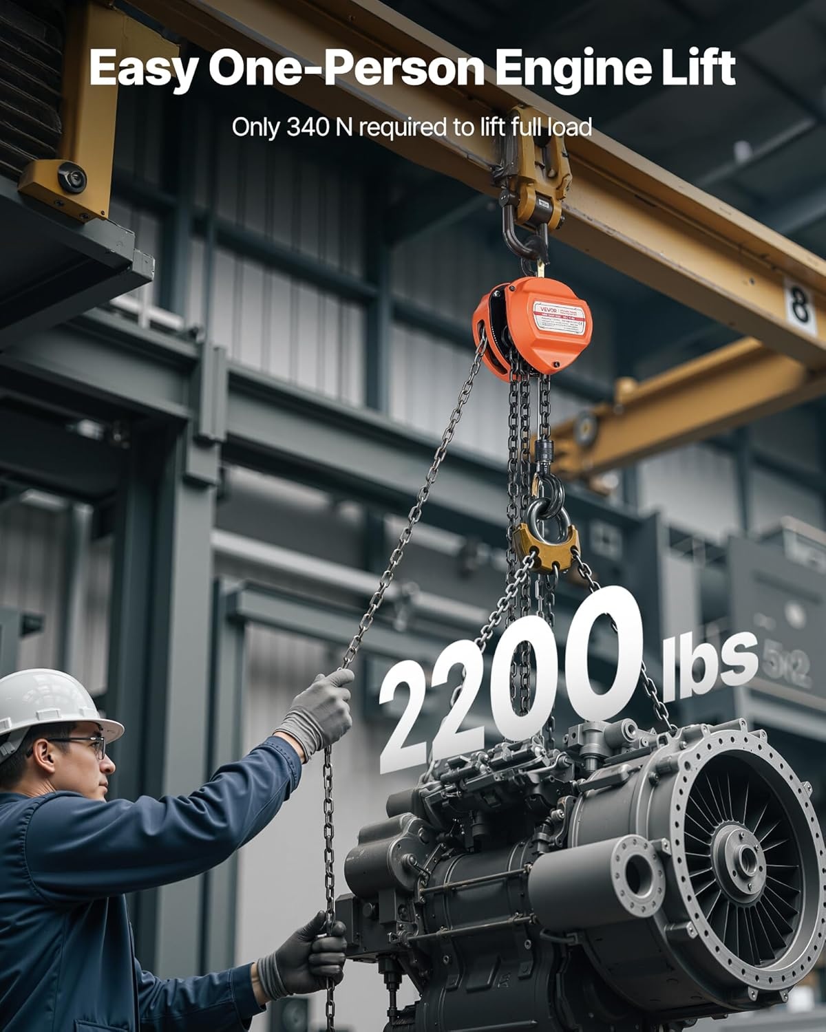 VEVOR Manual Drawstring, Capacity 1 T, with Galvanized Chain G80 Upgrade, Lift Height 6 m, Hoist for Cars in Warehouse, Orange