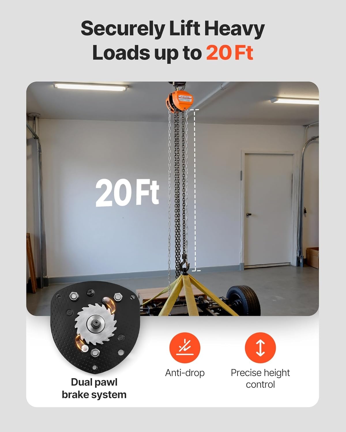 VEVOR Manual Drawstring, Capacity 1 T, with Galvanized Chain G80 Upgrade, Lift Height 6 m, Hoist for Cars in Warehouse, Orange