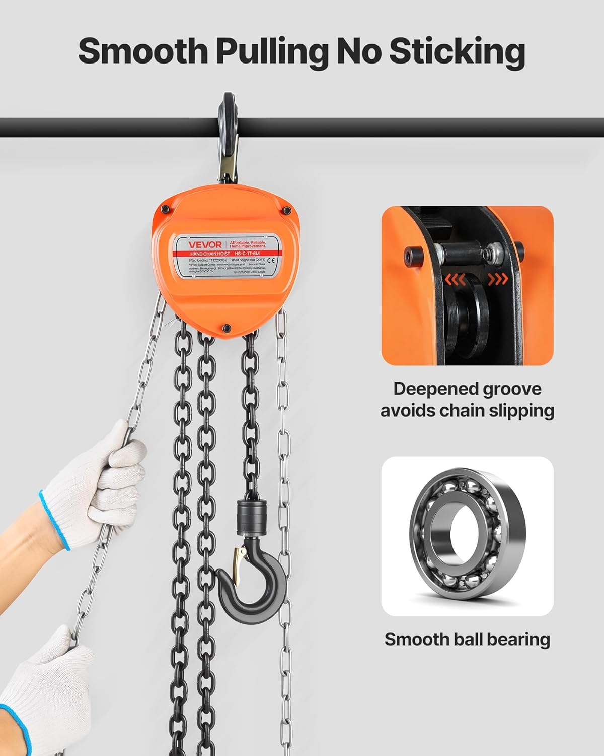 VEVOR Manual Drawstring, Capacity 1 T, with Galvanized Chain G80 Upgrade, Lift Height 6 m, Hoist for Cars in Warehouse, Orange