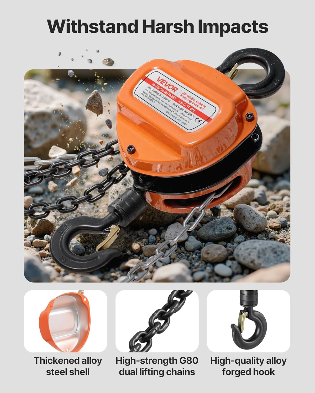 VEVOR Manual Drawstring, Capacity 1 T, with Galvanized Chain G80 Upgrade, Lift Height 6 m, Hoist for Cars in Warehouse, Orange