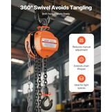 VEVOR Manual Drawstring, Capacity 1 T, with Galvanized Chain G80 Upgrade, Lift Height 6 m, Hoist for Cars in Warehouse, Orange