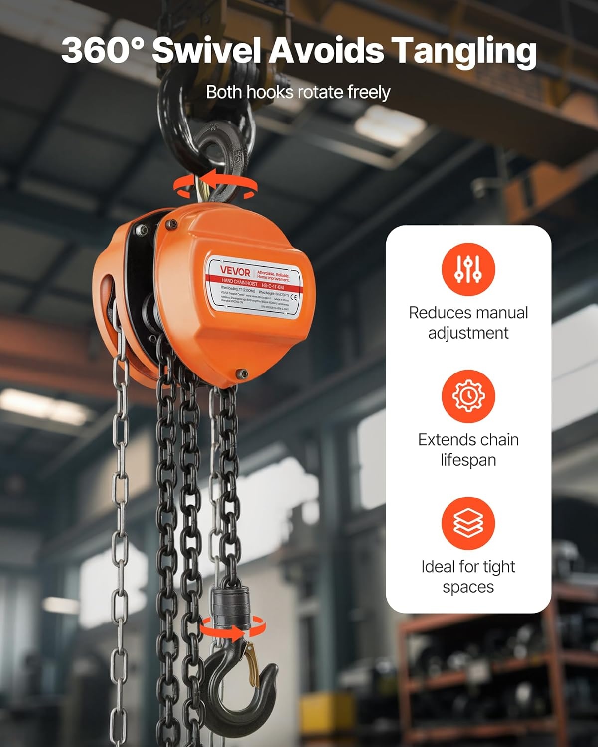 VEVOR Manual Drawstring, Capacity 1 T, with Galvanized Chain G80 Upgrade, Lift Height 6 m, Hoist for Cars in Warehouse, Orange