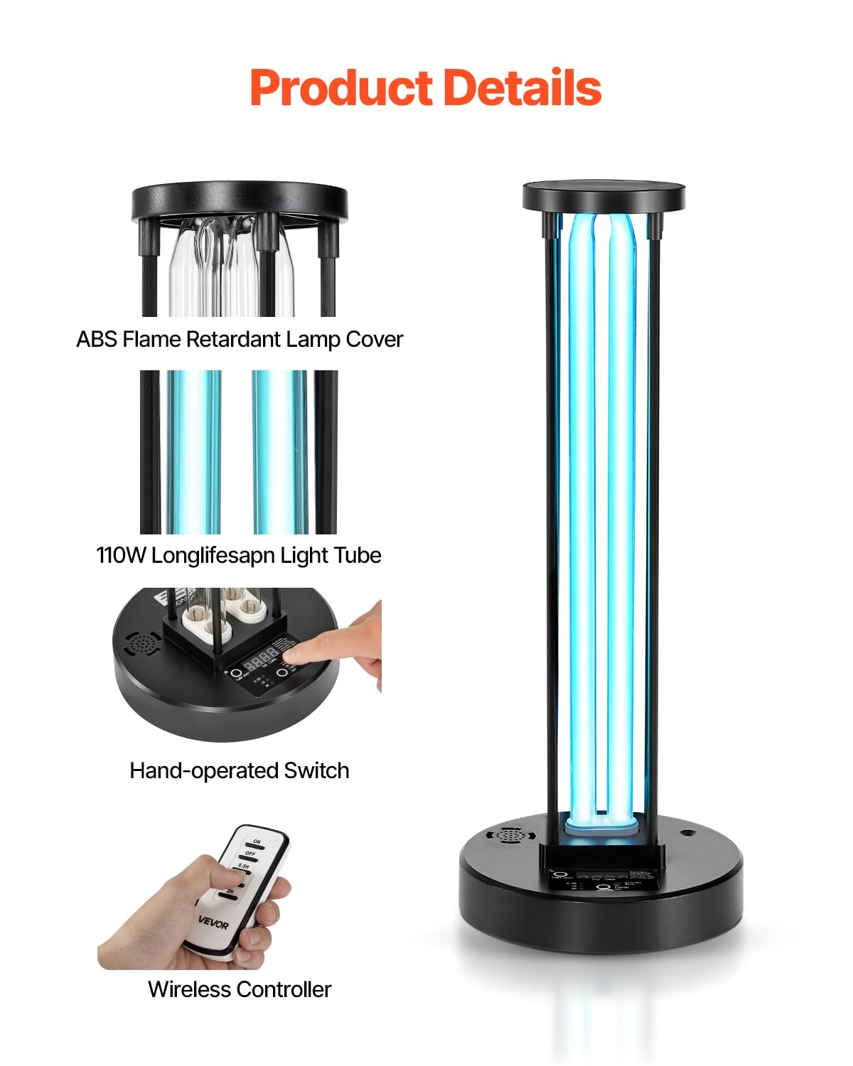 VEVOR UV-desinfectielamp, 36 W, kiemdodende lamp met uv-stralen met ozonreiniger, UVC-licht met timer 30/60/120 minuten en afstandsbediening, voor ruimtes tot 37 m², woonkamer