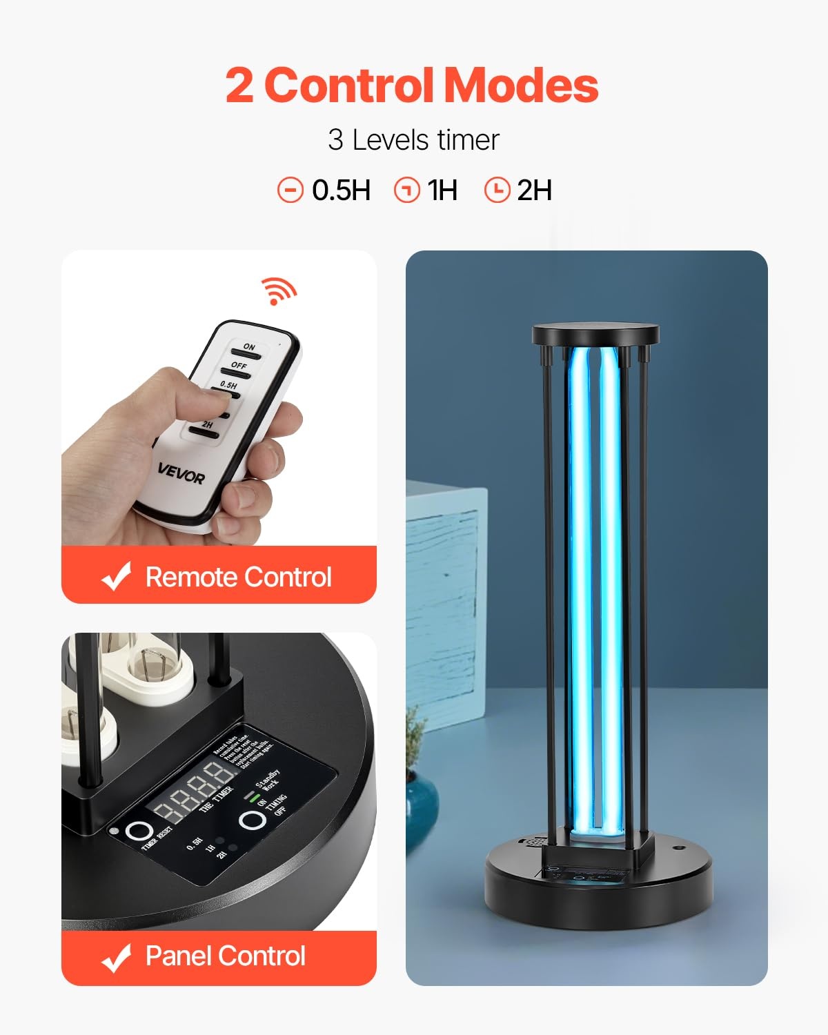 VEVOR UV-desinfectielamp, 36 W, kiemdodende lamp met uv-stralen met ozonreiniger, UVC-licht met timer 30/60/120 minuten en afstandsbediening, voor ruimtes tot 37 m², woonkamer