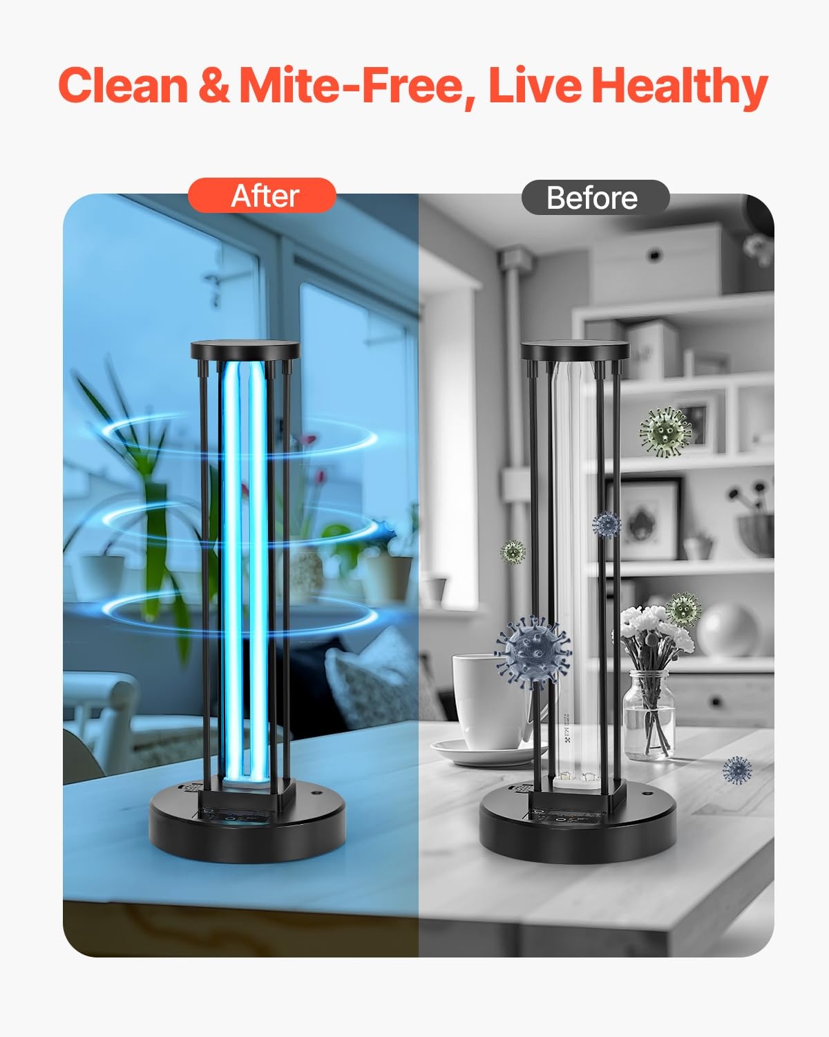 VEVOR UV-desinfectielamp, 36 W, kiemdodende lamp met uv-stralen met ozonreiniger, UVC-licht met timer 30/60/120 minuten en afstandsbediening, voor ruimtes tot 37 m², woonkamer