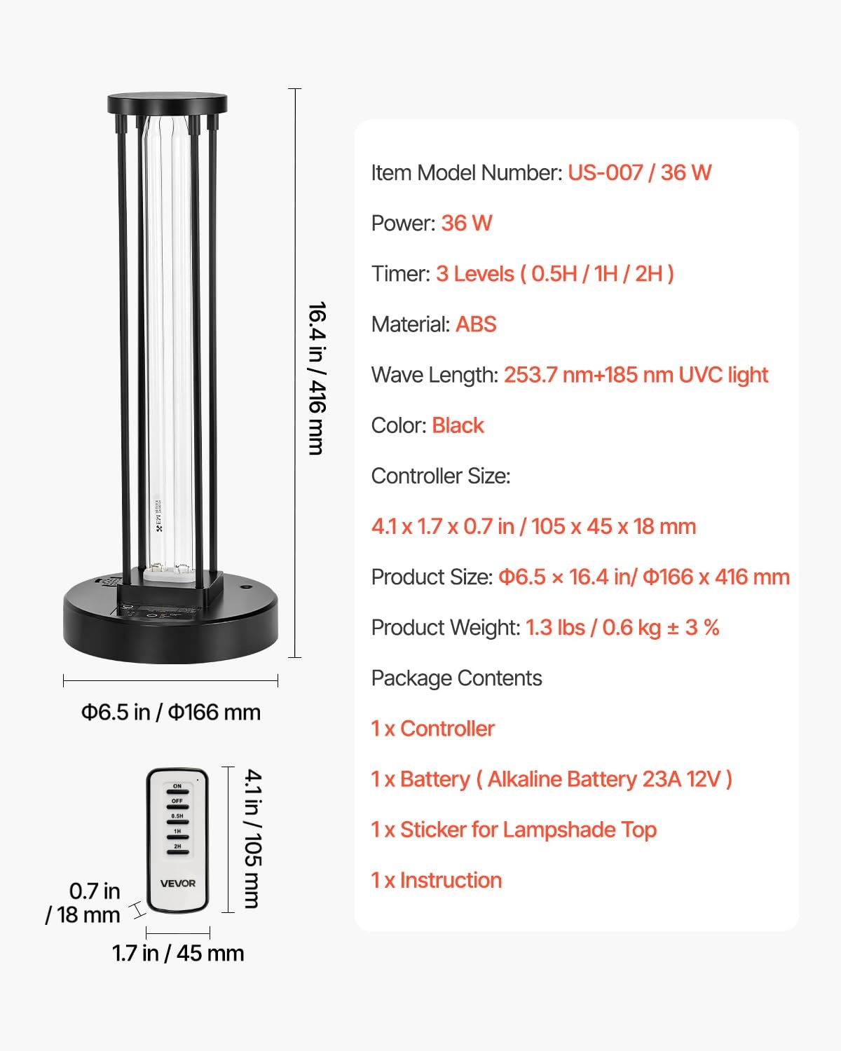 VEVOR UV-desinfectielamp, 36 W, kiemdodende lamp met uv-stralen met ozonreiniger, UVC-licht met timer 30/60/120 minuten en afstandsbediening, voor ruimtes tot 37 m², woonkamer