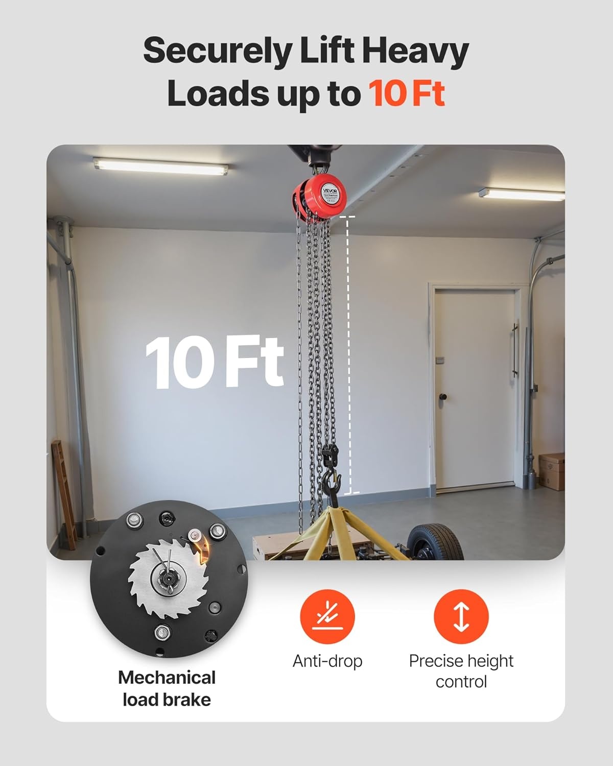 VEVOR Handmatige kettingtakel, draagvermogen 2 T, hefhoogte 3 m, met robuuste haak, G70-ketting, mechanische veiligheidsrem, goederenheffen voor garages, bouwplaatsen, magazijnen, rood