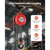 VEVOR Handmatige kettingtakel, draagvermogen 2 T, hefhoogte 3 m, met robuuste haak, G70-ketting, mechanische veiligheidsrem, goederenheffen voor garages, bouwplaatsen, magazijnen, rood