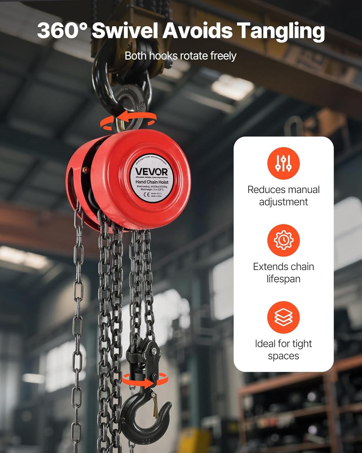 VEVOR Handmatige kettingtakel, draagvermogen 2 T, hefhoogte 3 m, met robuuste haak, G70-ketting, mechanische veiligheidsrem, goederenheffen voor garages, bouwplaatsen, magazijnen, rood