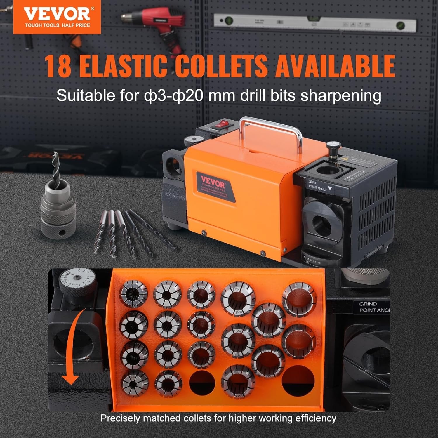 VEVOR Drill Sharpener, 3-20mm Drilling, Grinder, Lip Relief Angle and 95°-135° Point Angle, Adjustable Drill, Portable Grinder with 18 Collets, CBN & SDC Wheel