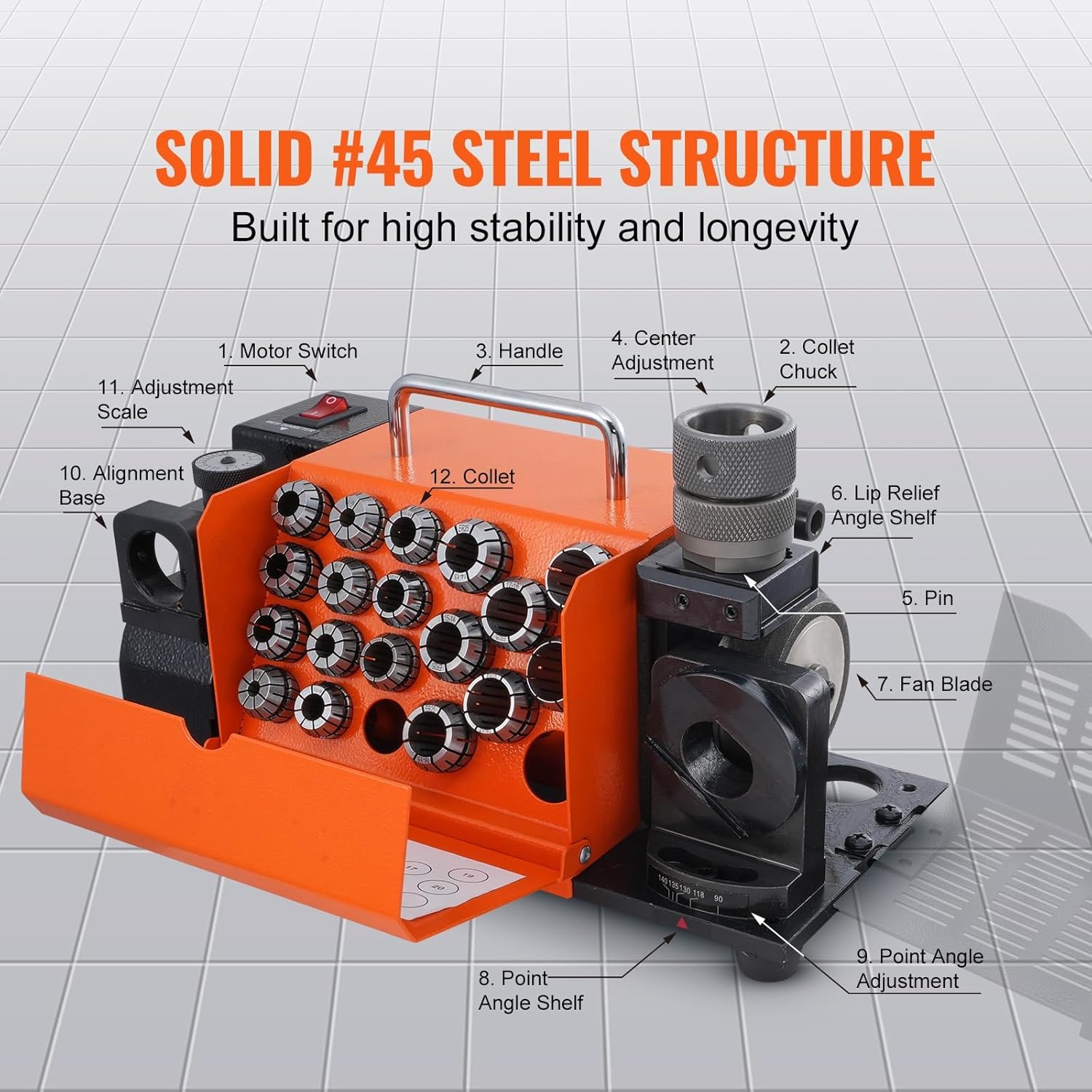 VEVOR Drill Sharpener, 3-20mm Drilling, Grinder, Lip Relief Angle and 95°-135° Point Angle, Adjustable Drill, Portable Grinder with 18 Collets, CBN & SDC Wheel