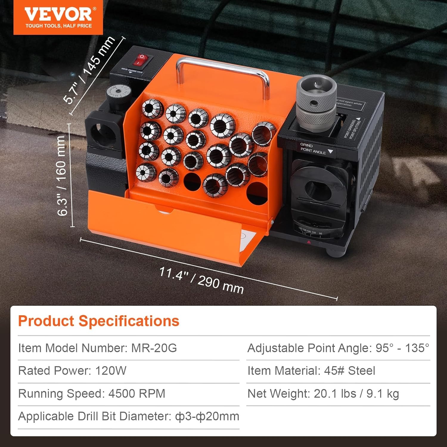 VEVOR Drill Sharpener, 3-20mm Drilling, Grinder, Lip Relief Angle and 95°-135° Point Angle, Adjustable Drill, Portable Grinder with 18 Collets, CBN & SDC Wheel