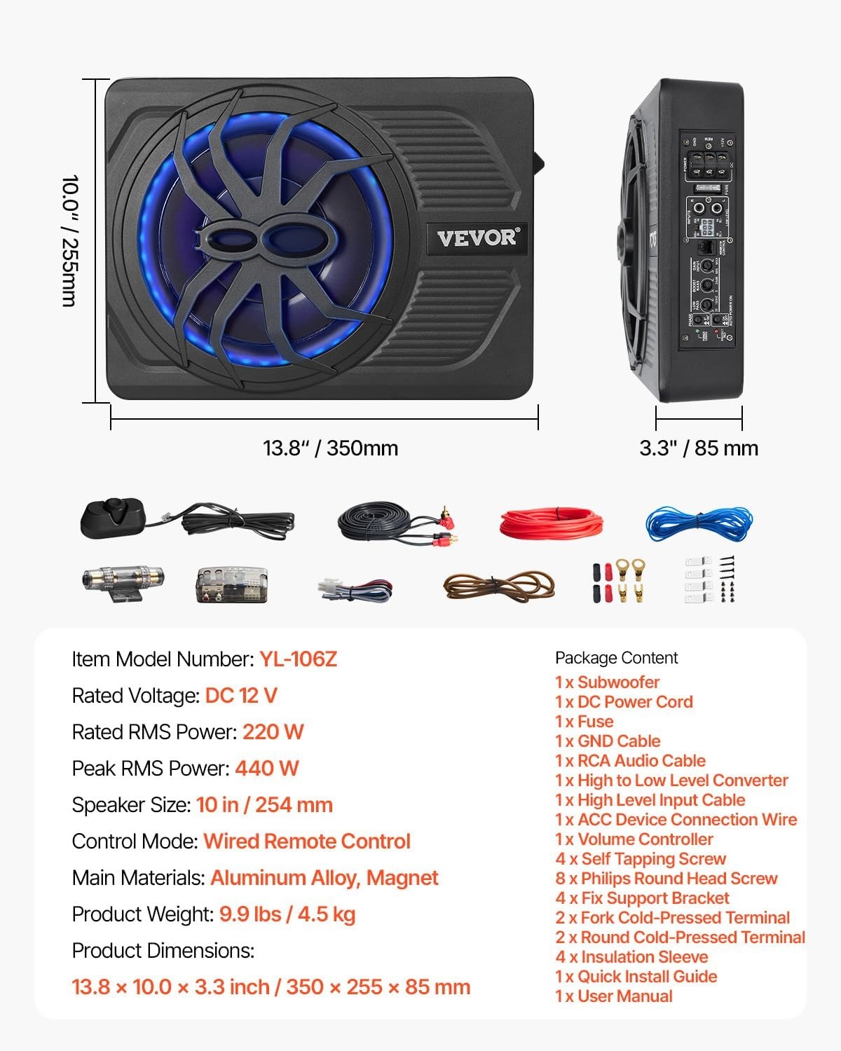 VEVOR Actieve Auto Subwoofer 10 inch 440W - Zwarte Slanke Onderbouw Subwoofer met Ingebouwde Versterker
