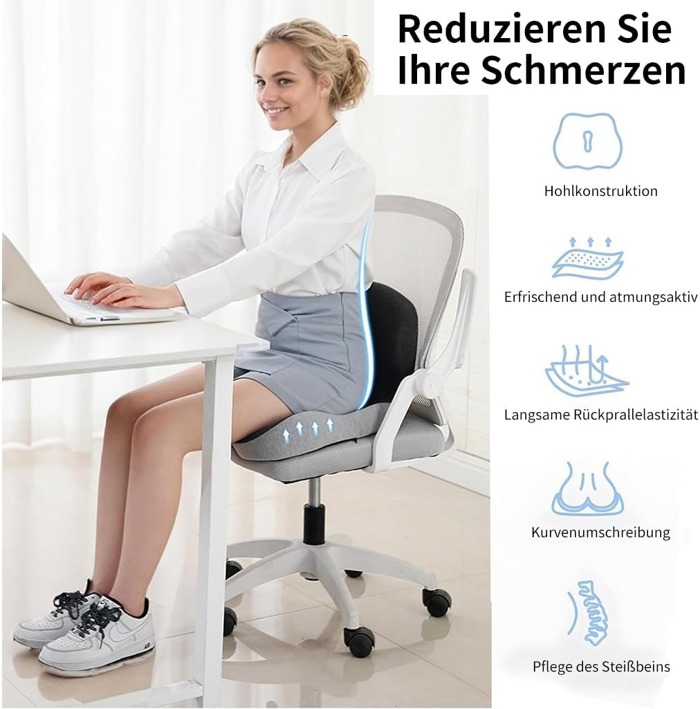 Orthopedisch zitkussen met rugleuning, zijdelingse ondersteuning en comfort, zitkussen voor bureaustoel en auto, ergonomisch, zitkussen, stuitbeenkussen, stoelkussen, zitring voor stuitbeenontlasting