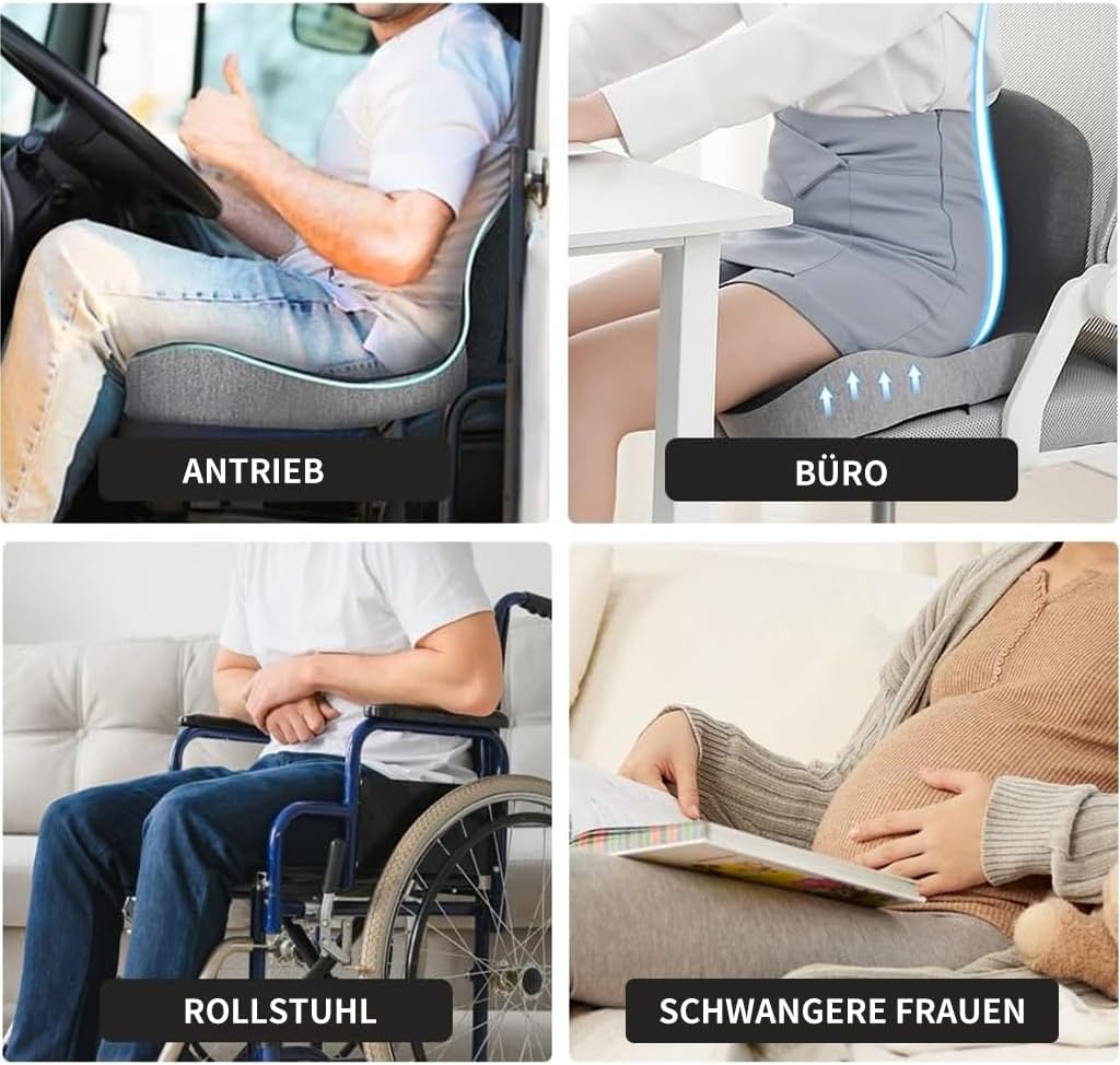 Orthopedisch zitkussen met rugleuning, zijdelingse ondersteuning en comfort, zitkussen voor bureaustoel en auto, ergonomisch, zitkussen, stuitbeenkussen, stoelkussen, zitring voor stuitbeenontlasting