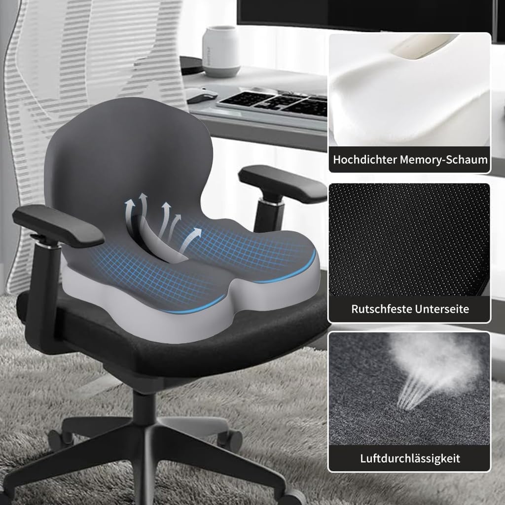 Orthopedisch zitkussen met rugleuning, zijdelingse ondersteuning en comfort, zitkussen voor bureaustoel en auto, ergonomisch, zitkussen, stuitbeenkussen, stoelkussen, zitring voor stuitbeenontlasting