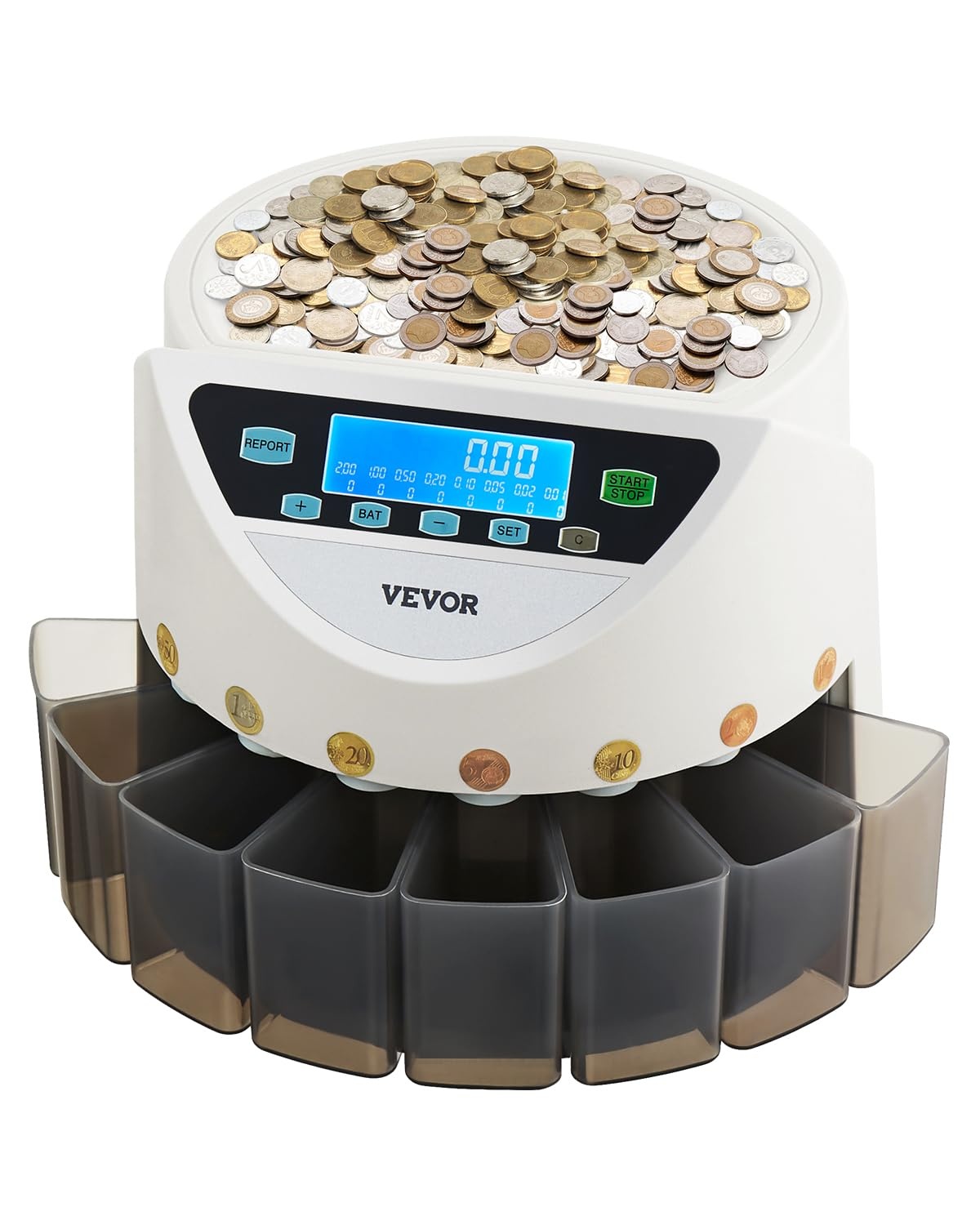 VEVOR Euro Coin Sorting Machine Calculator for Counting Coins for 8 Types of Euro Coins, Storage Capacity 850 Pieces, with LCD Display, 5 Tubes and Cash Boxes, Transaction