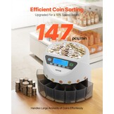 VEVOR Euro Coin Sorting Machine Calculator for Counting Coins for 8 Types of Euro Coins, Storage Capacity 850 Pieces, with LCD Display, 5 Tubes and Cash Boxes, Transaction