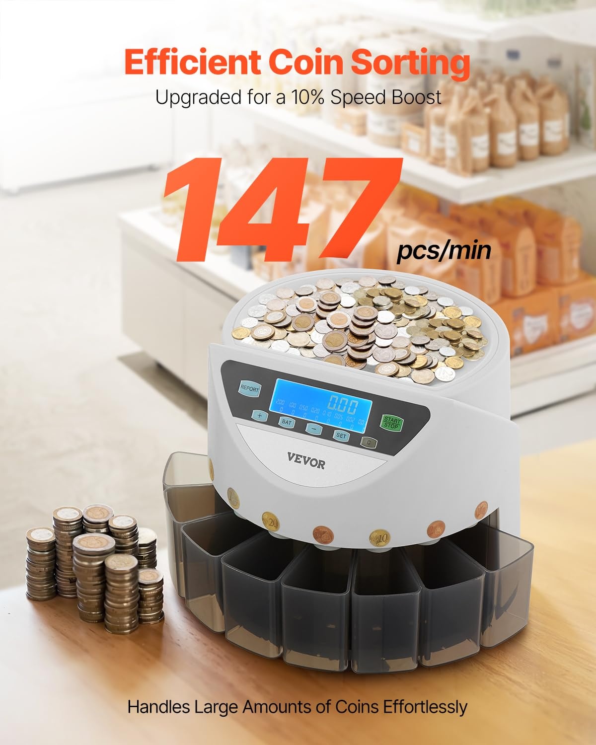 VEVOR Euro Coin Sorting Machine Calculator for Counting Coins for 8 Types of Euro Coins, Storage Capacity 850 Pieces, with LCD Display, 5 Tubes and Cash Boxes, Transaction