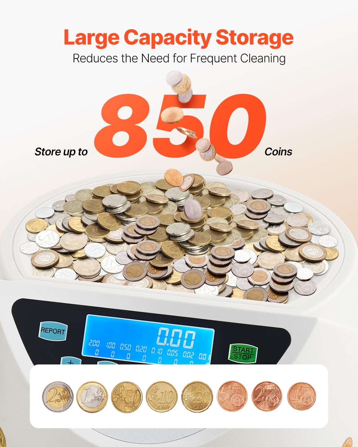 VEVOR Euro Coin Sorting Machine Calculator for Counting Coins for 8 Types of Euro Coins, Storage Capacity 850 Pieces, with LCD Display, 5 Tubes and Cash Boxes, Transaction
