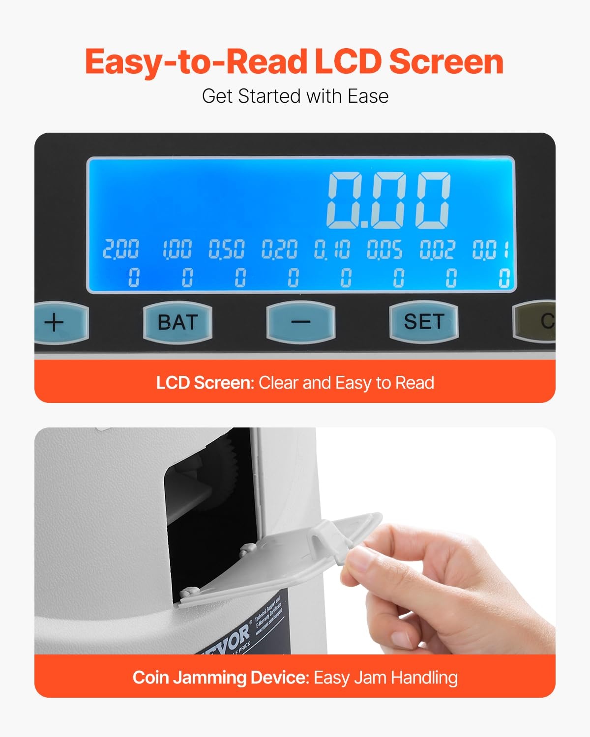VEVOR Euro Coin Sorting Machine Calculator for Counting Coins for 8 Types of Euro Coins, Storage Capacity 850 Pieces, with LCD Display, 5 Tubes and Cash Boxes, Transaction