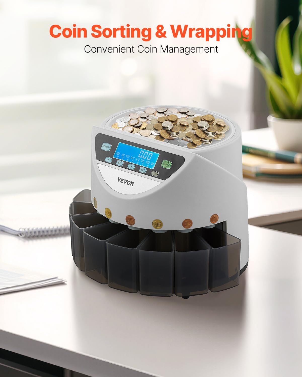 VEVOR Euro Coin Sorting Machine Calculator for Counting Coins for 8 Types of Euro Coins, Storage Capacity 850 Pieces, with LCD Display, 5 Tubes and Cash Boxes, Transaction