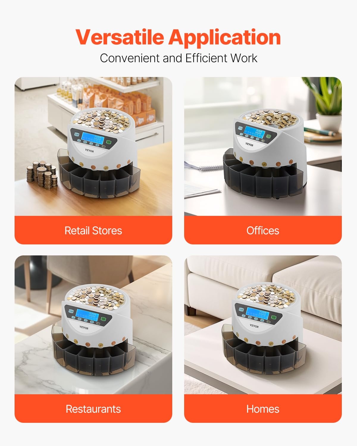 VEVOR Euro Coin Sorting Machine Calculator for Counting Coins for 8 Types of Euro Coins, Storage Capacity 850 Pieces, with LCD Display, 5 Tubes and Cash Boxes, Transaction