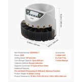 VEVOR Euro Coin Sorting Machine Calculator for Counting Coins for 8 Types of Euro Coins, Storage Capacity 850 Pieces, with LCD Display, 5 Tubes and Cash Boxes, Transaction