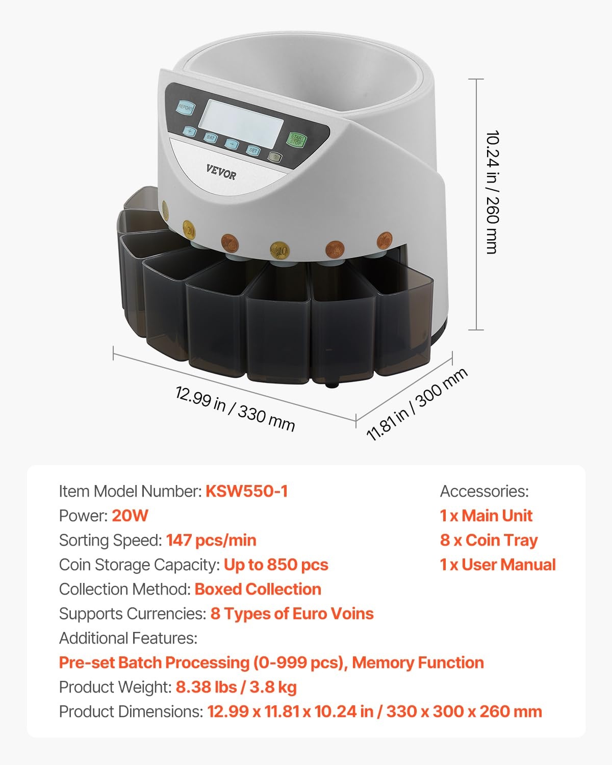 VEVOR Euro Coin Sorting Machine Calculator for Counting Coins for 8 Types of Euro Coins, Storage Capacity 850 Pieces, with LCD Display, 5 Tubes and Cash Boxes, Transaction