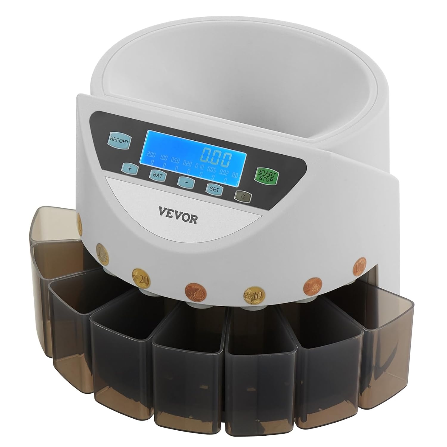 VEVOR Euro Coin Sorting Machine Calculator for Counting Coins for 8 Types of Euro Coins, Storage Capacity 850 Pieces, with LCD Display, 5 Tubes and Cash Boxes, Transaction