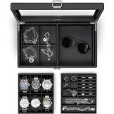 Vlando Horlogebox met glazen decoratie, horlogebox voor mannen, horlogeopslag, sieradenopslag, multifunctionele horlogevitrine met 6 horlogekussens