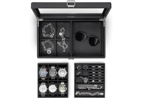 Luxe Heren Horlogebox met Glazen Deksel | 6 Vakken | Zwart Leer | 63% Korting