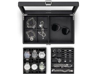 Vlando Horlogebox met glazen decoratie, horlogebox voor mannen, horlogeopslag, sieradenopslag, multifunctionele horlogevitrine met 6 horlogekussens
