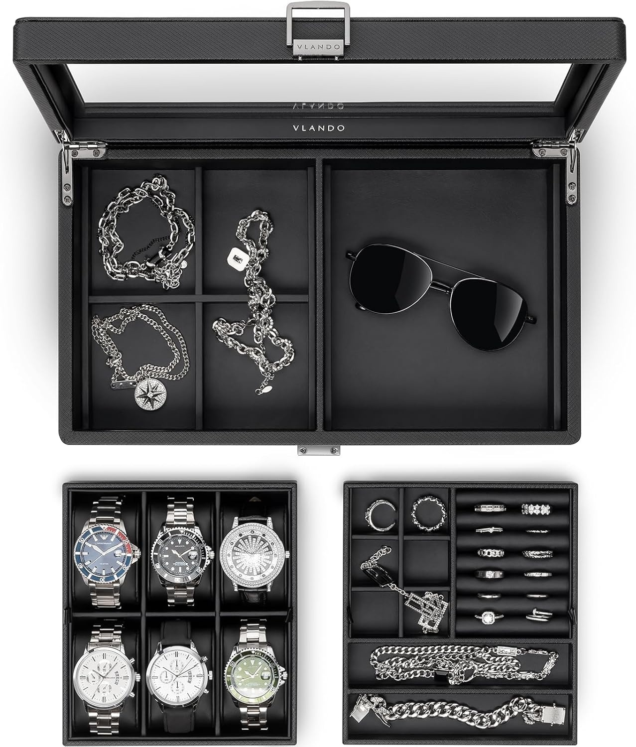 Vlando Horlogebox met glazen decoratie, horlogebox voor mannen, horlogeopslag, sieradenopslag, multifunctionele horlogevitrine met 6 horlogekussens