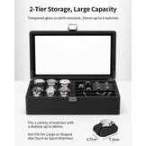 Vlando Horlogebox met glazen decoratie, horlogebox voor mannen, horlogeopslag, sieradenopslag, multifunctionele horlogevitrine met 6 horlogekussens