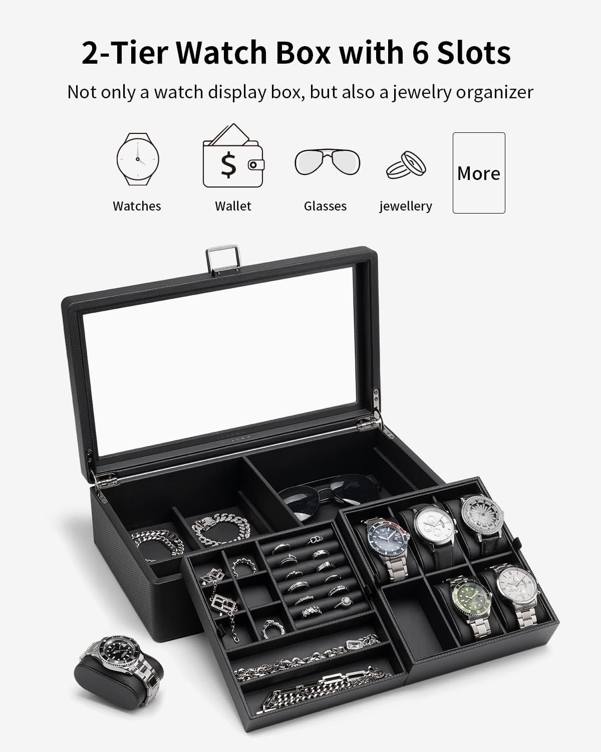 Vlando Horlogebox met glazen decoratie, horlogebox voor mannen, horlogeopslag, sieradenopslag, multifunctionele horlogevitrine met 6 horlogekussens