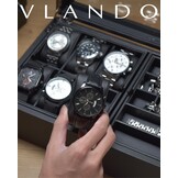Vlando Horlogebox met glazen decoratie, horlogebox voor mannen, horlogeopslag, sieradenopslag, multifunctionele horlogevitrine met 6 horlogekussens
