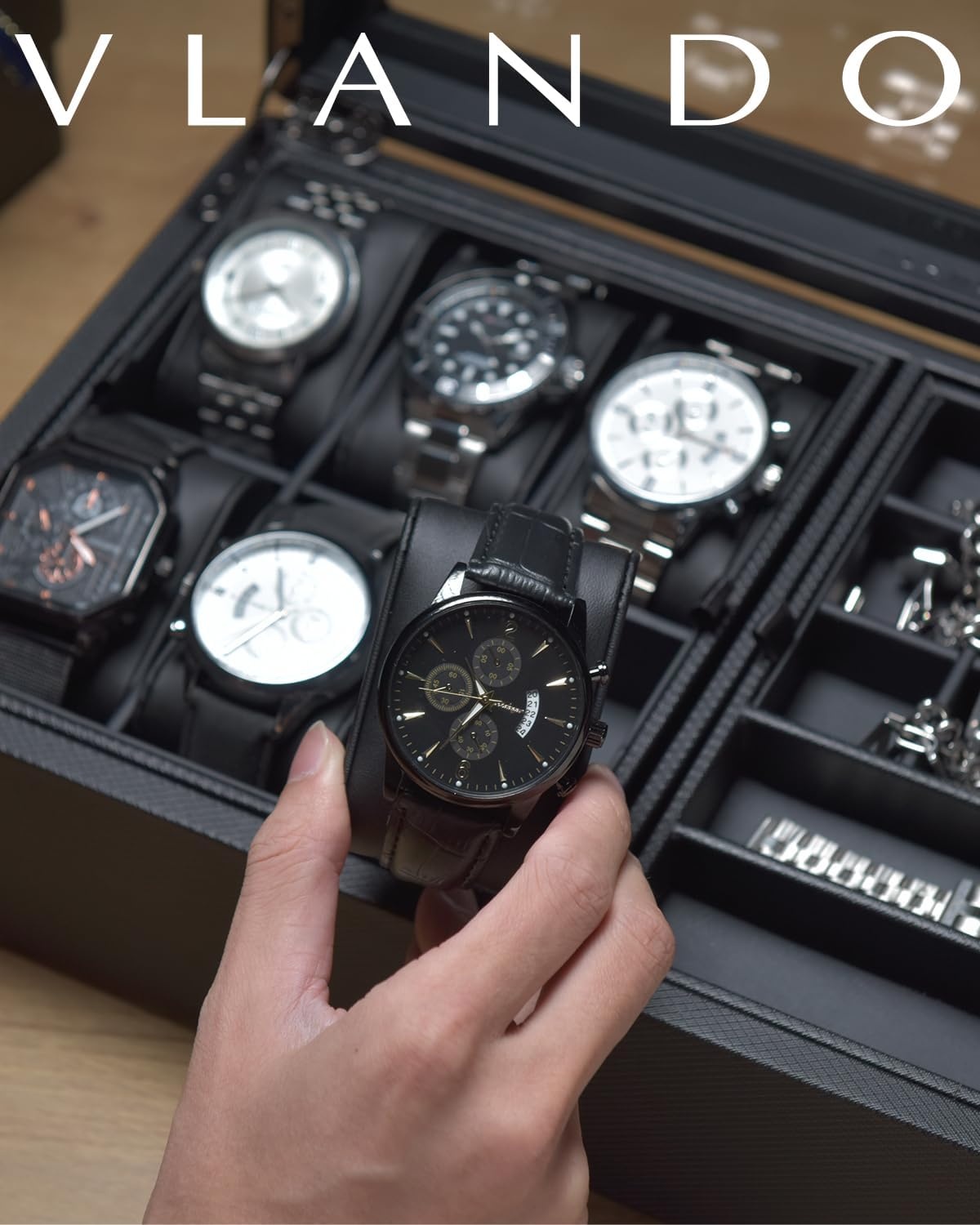 Vlando Horlogebox met glazen decoratie, horlogebox voor mannen, horlogeopslag, sieradenopslag, multifunctionele horlogevitrine met 6 horlogekussens