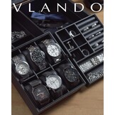Vlando Horlogebox met glazen decoratie, horlogebox voor mannen, horlogeopslag, sieradenopslag, multifunctionele horlogevitrine met 6 horlogekussens