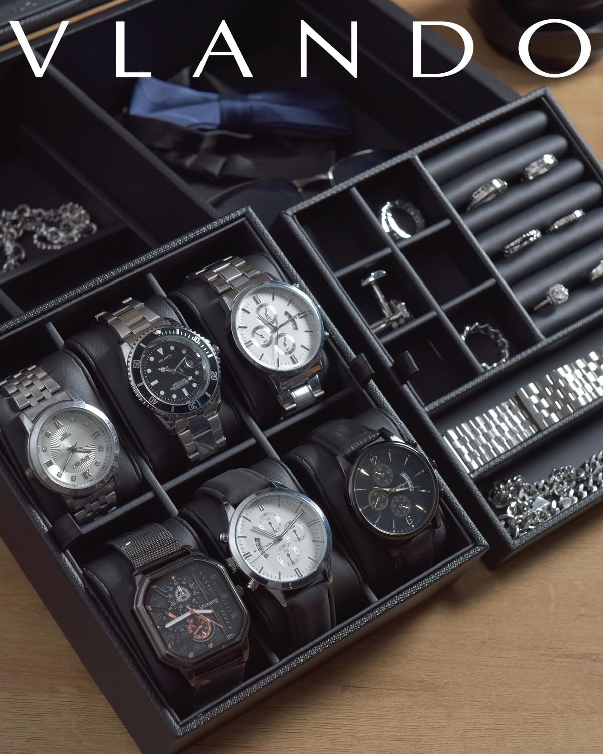 Vlando Horlogebox met glazen decoratie, horlogebox voor mannen, horlogeopslag, sieradenopslag, multifunctionele horlogevitrine met 6 horlogekussens