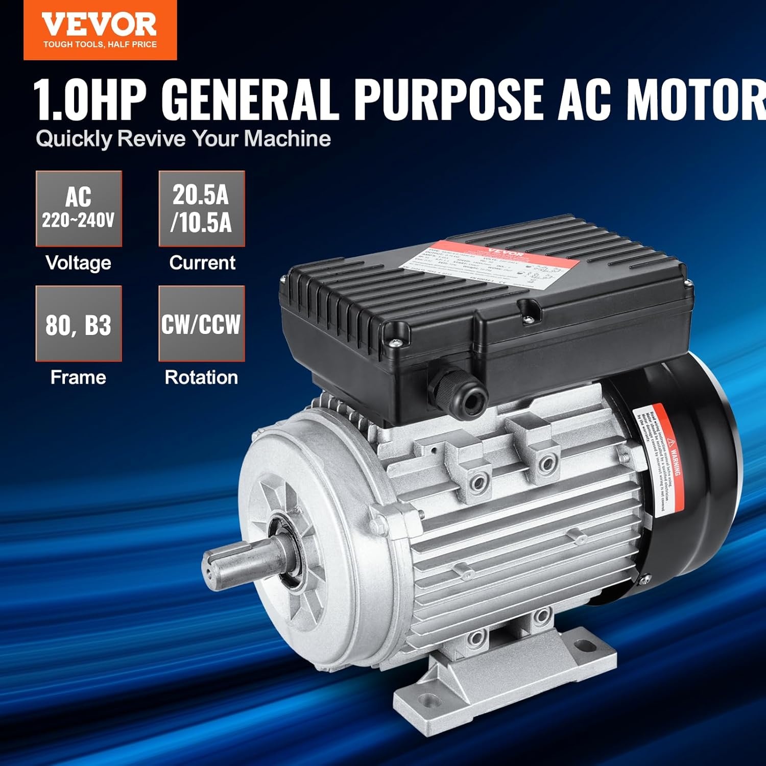 VEVOR Elektromotor 0,75 kW eenfasige luchtcompressormotor, 1400 tpm, AC 220-240 V, 5,45 A, frame 80, B3, 19 mm clavesas, CW/CCW-rotatie voor landbouwmachines en uitrusting