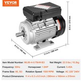 VEVOR Elektromotor 0,75 kW eenfasige luchtcompressormotor, 1400 tpm, AC 220-240 V, 5,45 A, frame 80, B3, 19 mm clavesas, CW/CCW-rotatie voor landbouwmachines en uitrusting