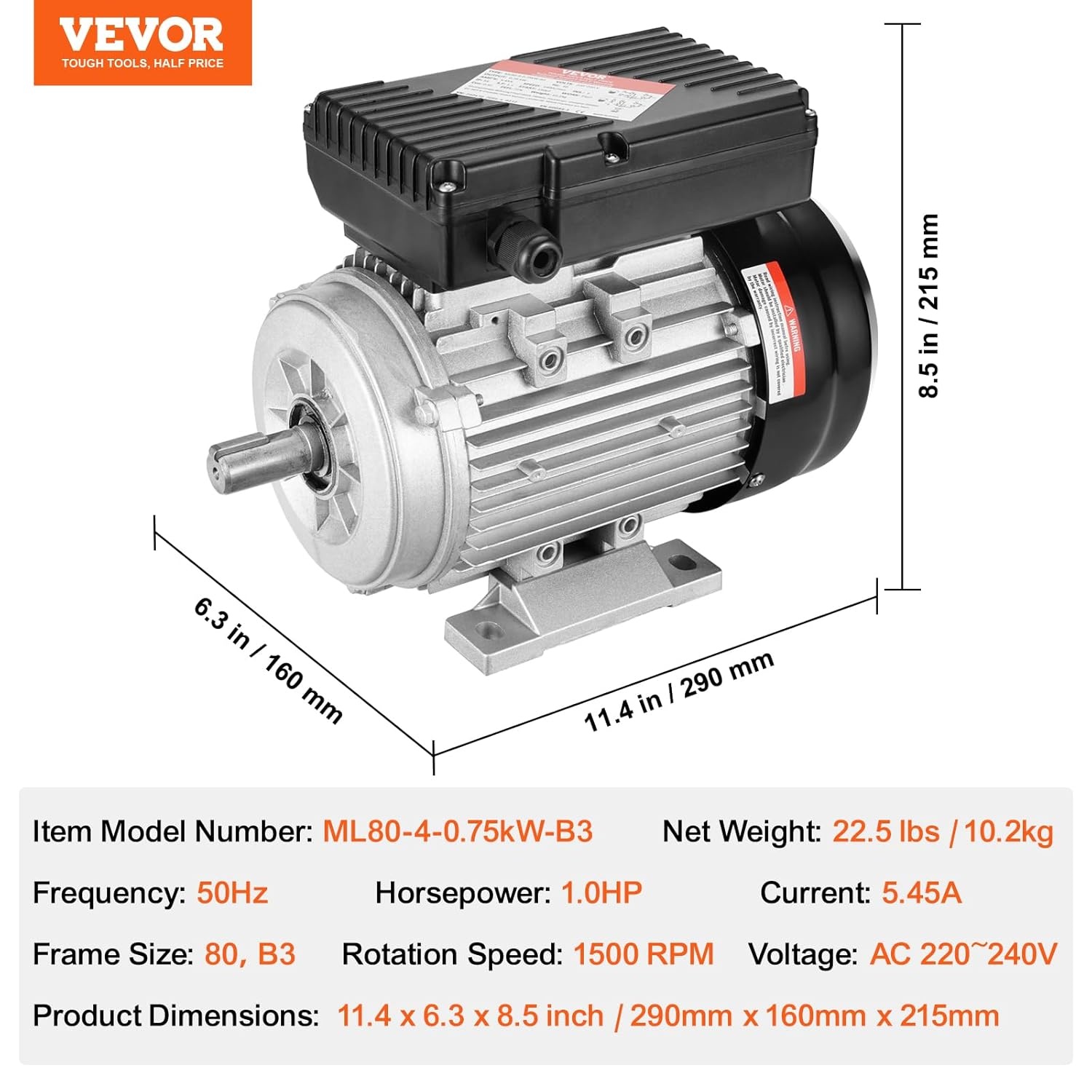 VEVOR Elektromotor 0,75 kW eenfasige luchtcompressormotor, 1400 tpm, AC 220-240 V, 5,45 A, frame 80, B3, 19 mm clavesas, CW/CCW-rotatie voor landbouwmachines en uitrusting