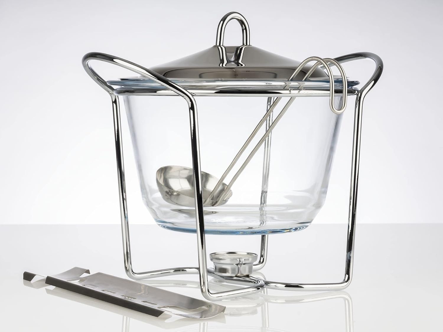 APS 65065 vuurtang punchset, suikertang, glazen kom, roestvrijstalen deksel, hoogglans gepolijst, warmer, verchroomd, opscheplepel, voor ca. 4 liter