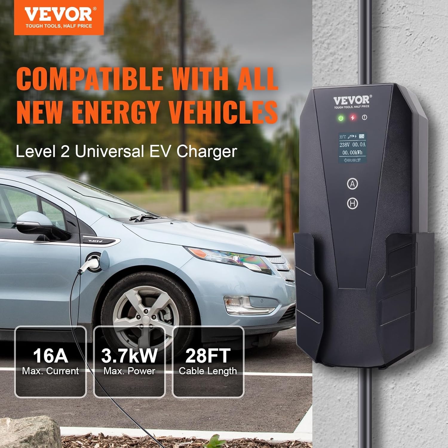 Draagbare EV Lader Type 2 3.68kW 16A 8.6m Zwart IP66 TUV - 30% Korting!