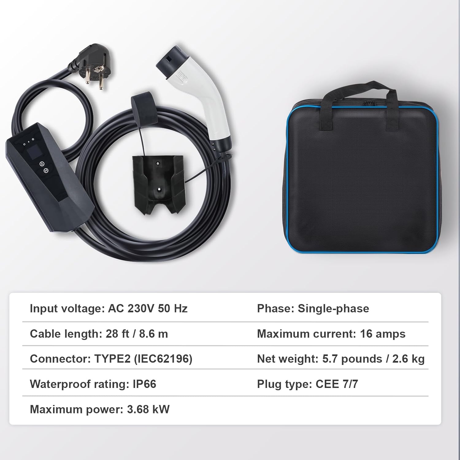 Draagbare EV Lader Type 2 3.68kW 16A 8.6m Zwart IP66 TUV - 30% Korting!