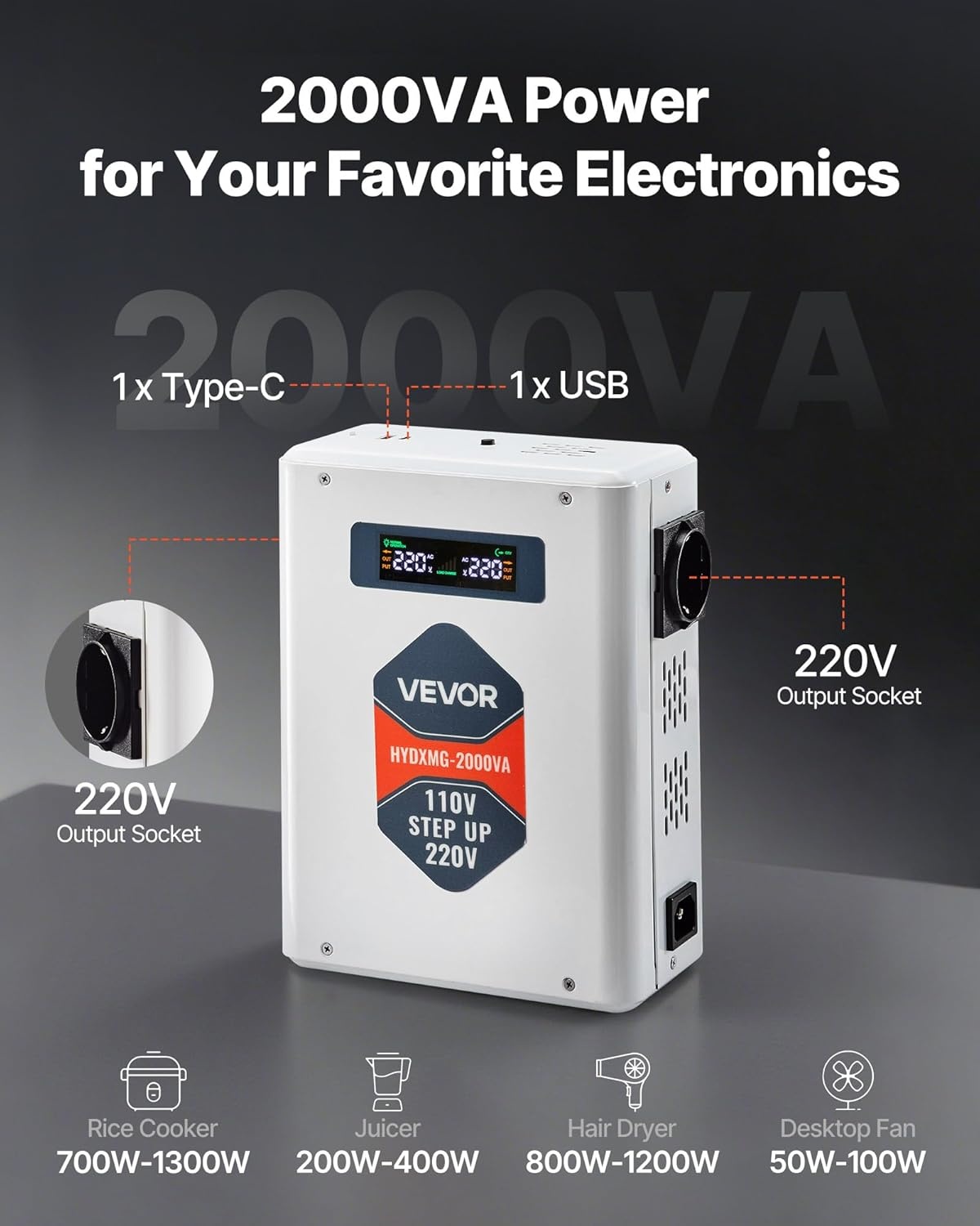 Krachtige Spanningsomvormer 110V naar 220V, 2000VA, met USB, Type-C, LCD