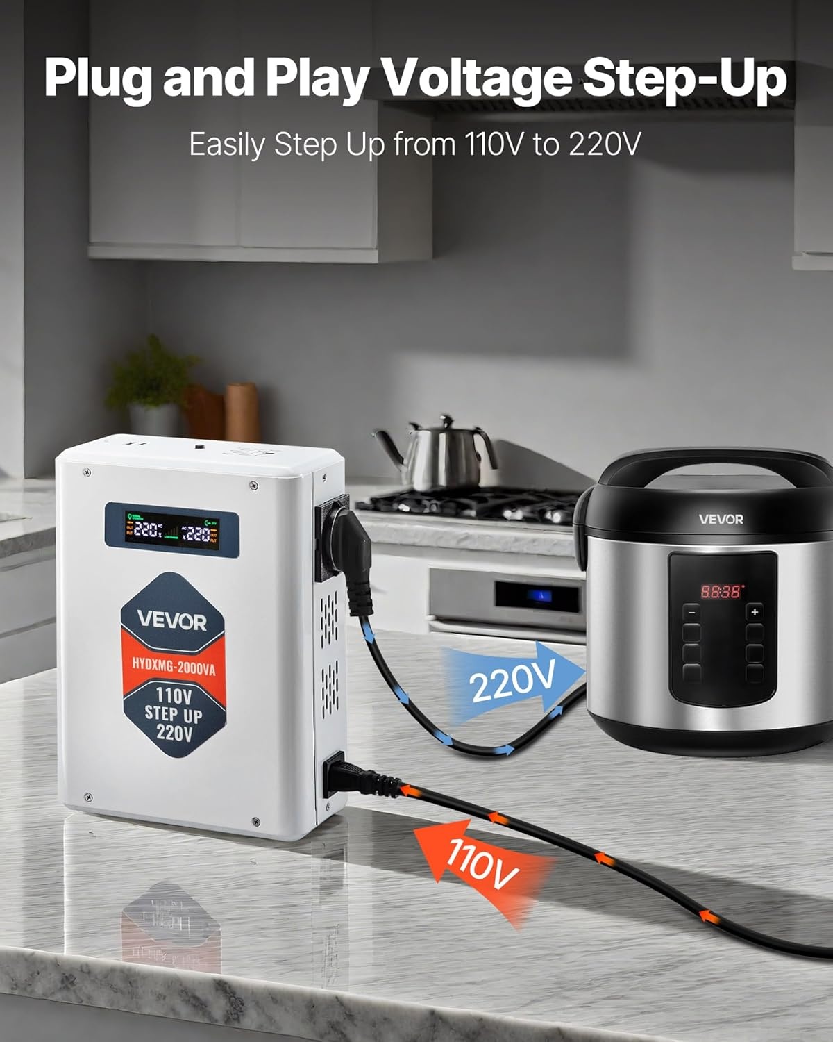 Krachtige Spanningsomvormer 110V naar 220V, 2000VA, met USB, Type-C, LCD